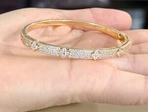 Designer Gold Tone Designer Cloverleaf CZ Bangle Bracelet Dainty Sparkle Cuff